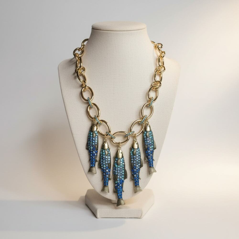 Betsey Johnson Sardine Necklace Mermaid Jewels Heavy Chain Gold Tone